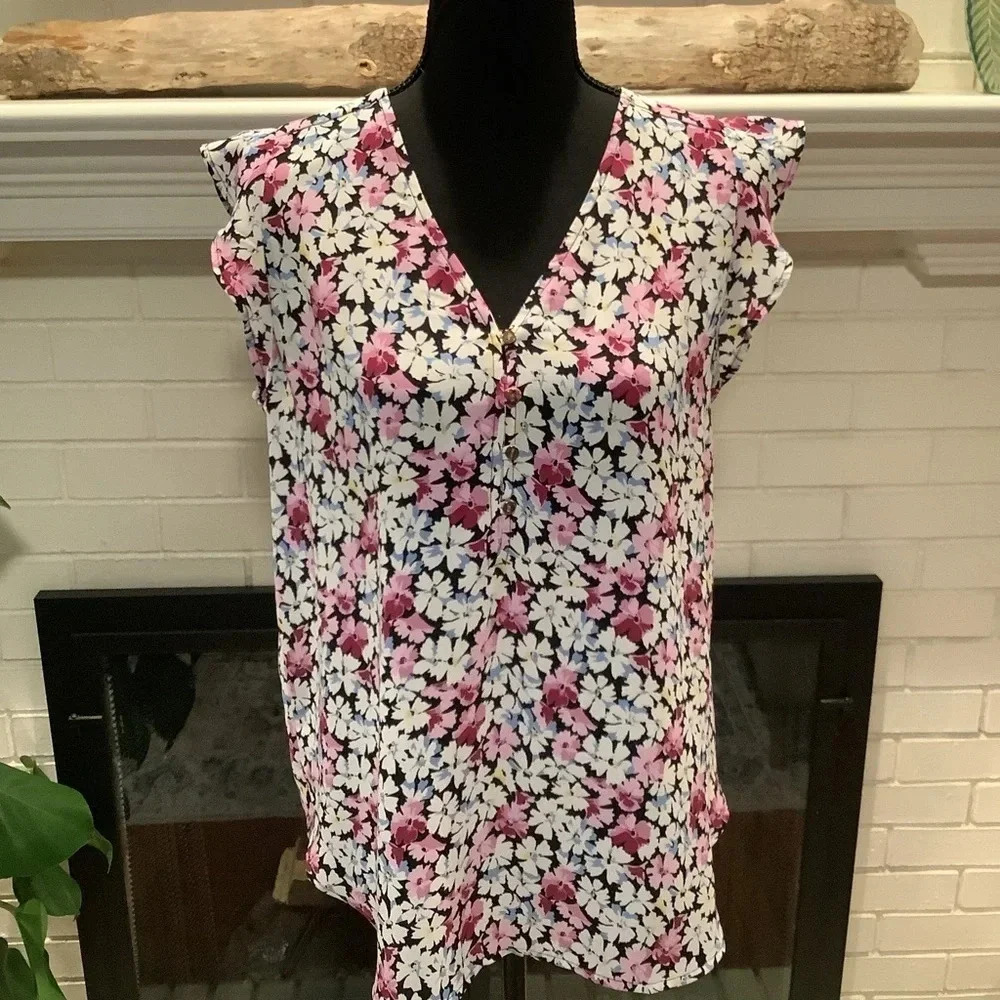 #316 Romantic Loft Floral Ruffle Sleeve Top Size Small